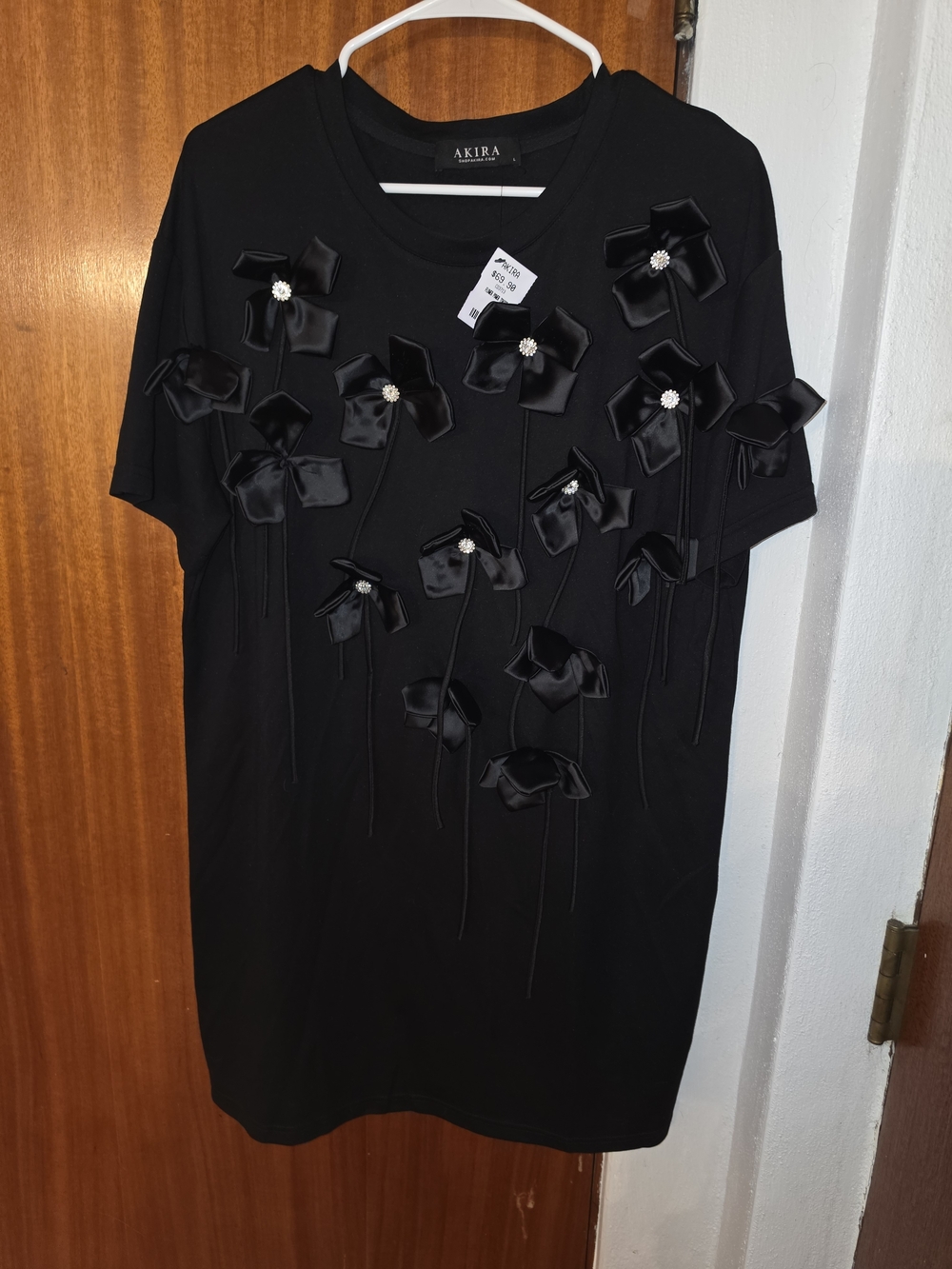 AKIRA Black Satin Floral Appliqué Tee Dress